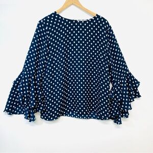 Printemps Blouse Top Woman Large Navy White Polka Dot Flare Sleeve Nautical Work
